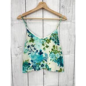 Shelly Y2K Blue Cream Floral Coastal Crop Top Blouse Spaghetti Strap Womens Sm